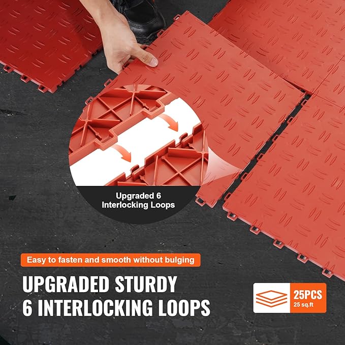 VEVOR Interlocking Floor Covering Tiles, 12 x 12 x 0.53 inch, 25 Pack, Non-Slip Double-Sided Texture, for Garages, Basements, Repair Shops, Red