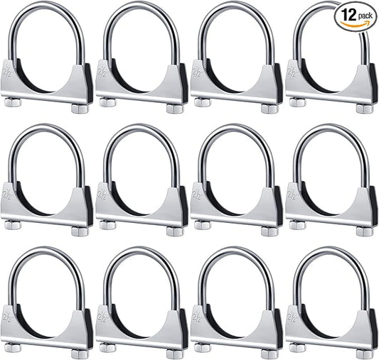 12 Pcs 2-1/2" Exhaust Clamp Heavy Duty U-bolt Exhaust Clamp - Saddle Design Muffler Pipe Connector, Tip Hook Clip, Galvanized Iron, Fits 2-1/2" Od Pipes