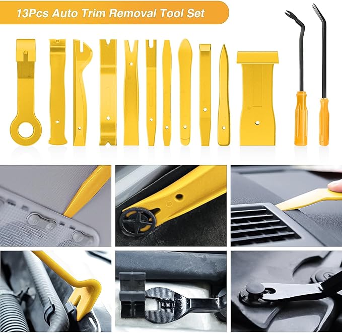GOOACC 13PCS Nylon Trim Removal Tool Set for Bumper Fastener Rivet Clips Car Door Clip Panel Audio Video Dashboard Dismantle Yellow