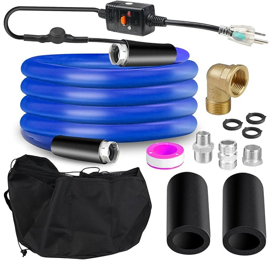 BHB Upgraded 15 FT Heated Water Hose For RV 5/8"ID Water Hose Withstand Temperatures Down to -45 ? Antifreeze Energy Saving Thermostat RV Accessories, With Storage Bag And 4 Types Of Adapters