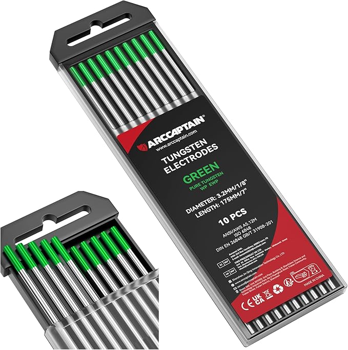 ARCCAPTAIN TIG Welding Tungsten Electrode 10-Pack 1/8" x 7"(Green - Pure Tungsten, WP, EWP)