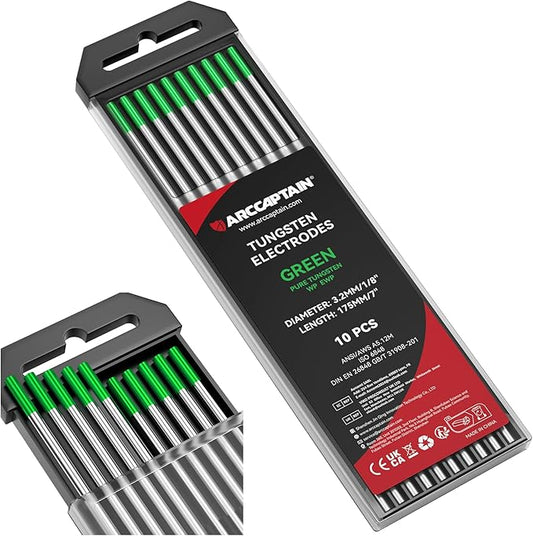 ARCCAPTAIN TIG Welding Tungsten Electrode 10-Pack 1/8" x 7"(Green - Pure Tungsten, WP, EWP)