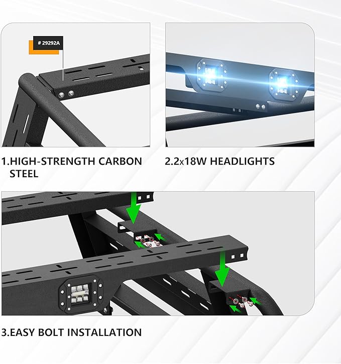 13.8" High Overland Bed Racks Truck Cargo Carrier Compatible with 2007-2013 Toyota Tundra with 2 LED Lights and Bed Rails, Full-Size Truck Rear Ladder Rack Back Cross Bars
