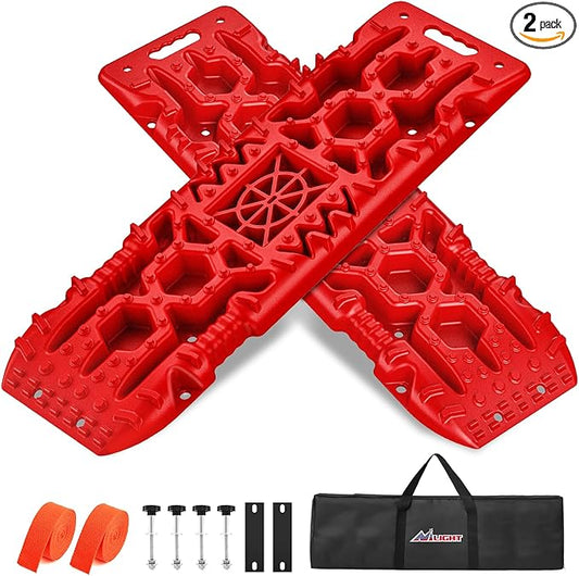 Nilight Recovery Off-road Traction Boards with Jack Lift Base Emergency Tire Ladder Mats For 4WD 4X4 Mud Sand Snow with 2PCS Mounting kit Carry Bag 2 leashes (Red)