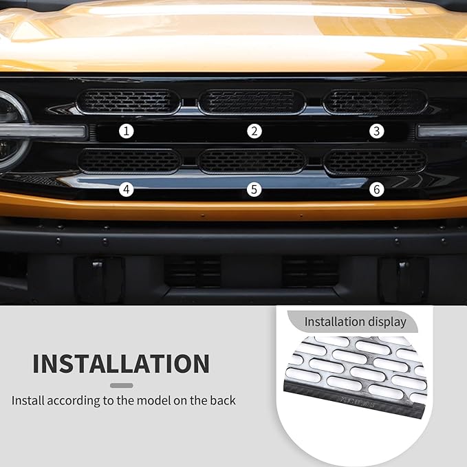 Jimen Compatible with Ford Bronco 2021-2023, 6PCS Front Grille Inserts Mesh Grill Cover Exterior Trim Accessories (Carbon Fiber)