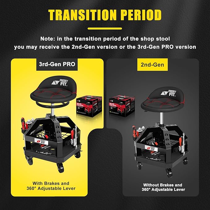 Rolling Shop Stool for Garage with Casters, DO02-Adjustable Height 360° Swivel Shop Seat with Tool Tray Storage, 330 LBS Capacity Padded Mechanic Stool, Magnetic Tool Hold, Heavy Duty, Black