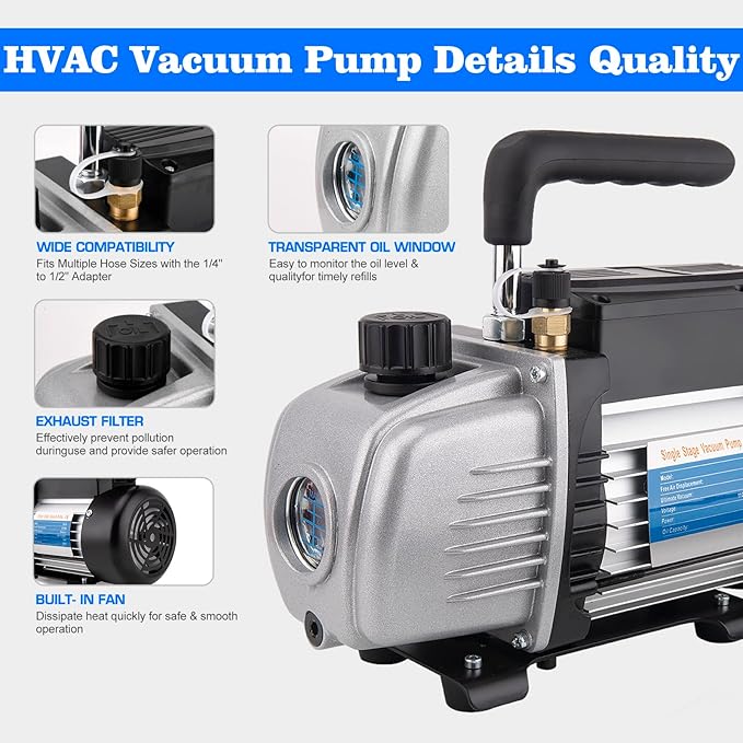 AC Vacuum Pump and Gauge Set - HVAC Vacuum Pump Kit with R134a Gauge Set, 3CFM 1/4HP Single Stage Rotary Vane Pump for AC Maintenance, Automotive Air Conditioning & Refrigeration