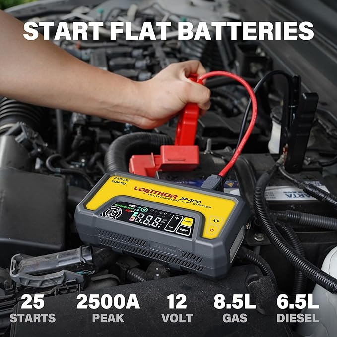 LOKITHOR JP400 Jump Starter with Air Compressor, 2500A 12V Portable Car Battery Booster Pack (8.5L Gas/6.5L Diesel) with ConnectMax Tech, 150PSI Tire Inflator, Auto-Shutoff & Dynamic Dwell (Yellow)