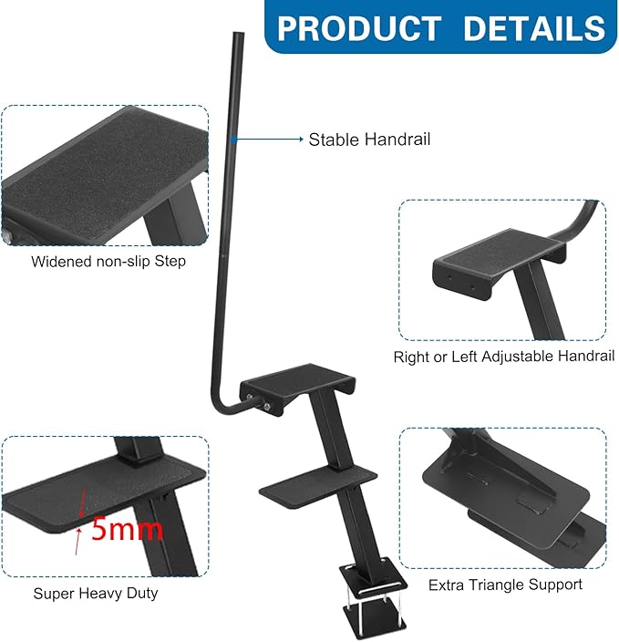 Boat Trailer Step, Heavy Duty Steel 2 Steps Ladder for Boat Trailer Tongue with Left or Right Adjustable Handrail, 450lbs Capacity, Black