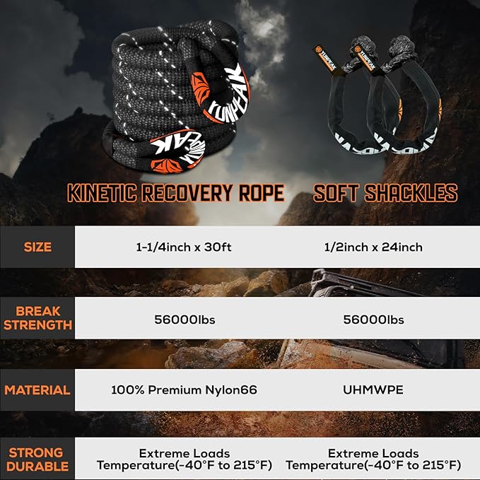 1.26" x 30ft Heavy-Duty Kinetic Recovery Rope – 56,000lbs Break Strength – Includes 2 Ultra-Strong UHMWPE Soft Shackles – Ideal for Trucks, SUVs, Jeeps, UTVs, ATVs & Tractors (Black)