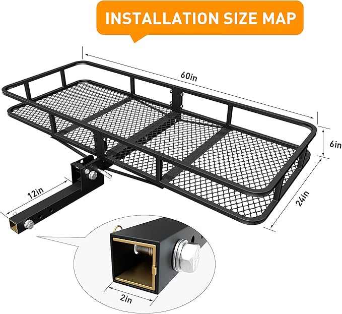 Wildroad Hitch Cargo Carrier Basket Combo 60" x 24" x 6" 500 LBS Folding Trailer Hitch Cargo Carrier Fits 2" Receiver with 18.2 Cubic feet Cargo Bag, Hitch Stabilizer, Cargo Net and Ratchet Straps