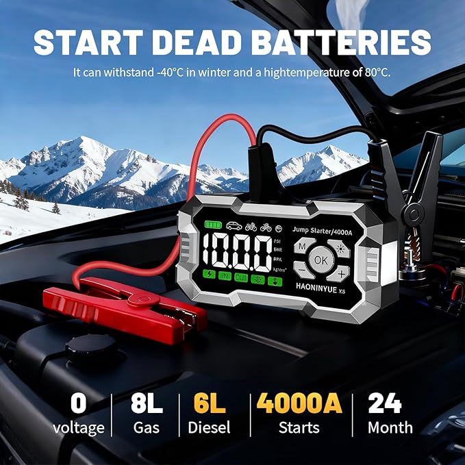 Car Jump Starter with Air Compressor,4000A Car Battery Jump Starter,150PSI Portable Tire Inflator,12V Jump Box Battery Pack (8L Gas 6L Diesel Engine) Car Battery Charger,LED Light,and Jumper Cables