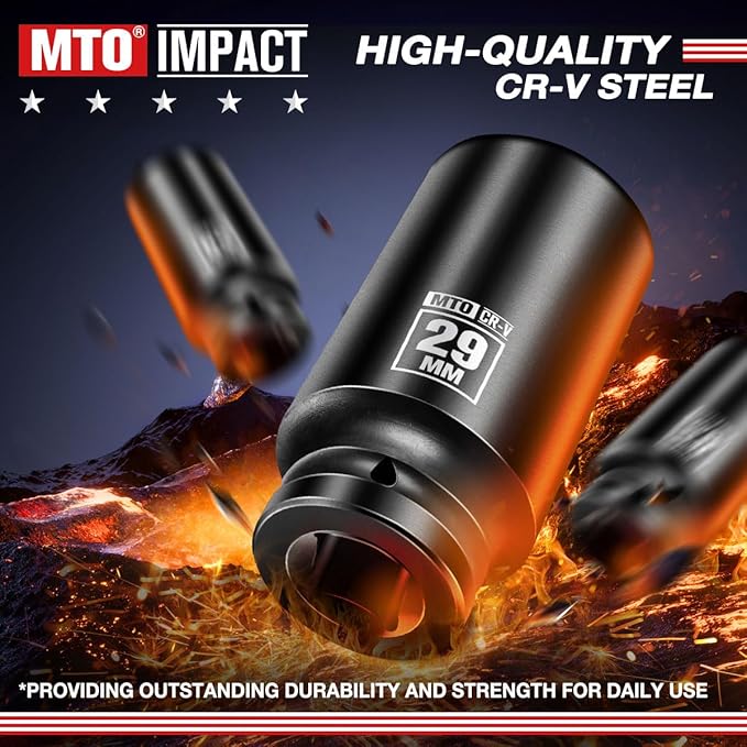 MTO 1/2" Drive 29mm Deep Impact Socket, 6-Point Metric Socket for Automotive Maintaince, CR-V Steel Meets ANSI Standards