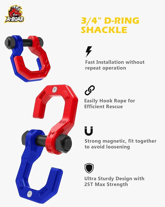 Separate D-Ring Shackles, 2Pack, 3/4" Separate D-Ring Shackles 7/8" Pin, 57320lbs Breaking Strength, Heavy Duty Forged Steel, D-Ring Towing Winch Shackle for Recovery, 4x4 Off-Road, RedBlue