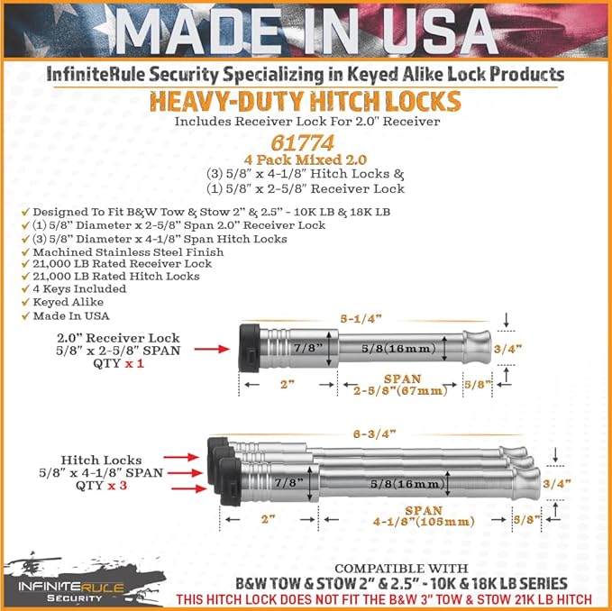 61774 | 4 Pack Mixed 2.0, Keyed Alike, Hitch Locks for B&W 2" Tow and Stow 10K LB - Includes Lock for 2.0" Receiver