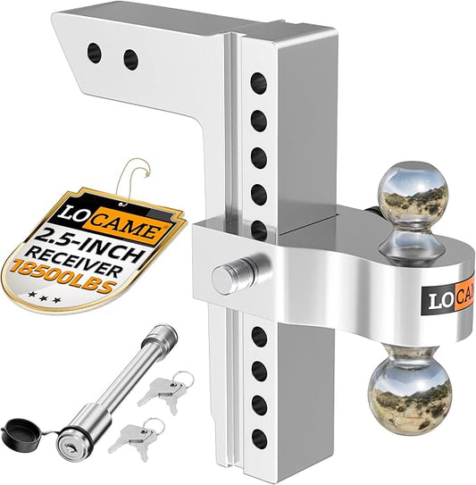 LOCAME Adjustable Trailer Hitch, Fits 2.5-Inch Receiver Only, 10-Inch Drop/Rise Aluminum Drop Hitch,18,500 LBS GTW-Tow Hitch for Heavy Duty Truck with Double Stainless Steel Locks, Silver, LC0009