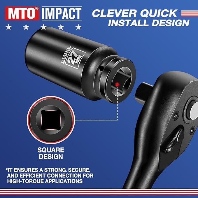 MTO 1/2" Drive 27mm Deep Impact Socket, 6 Pt. Metric Socket, CR-MO Steel & Anti-Corrosion Coating for Heavy-Duty Use
