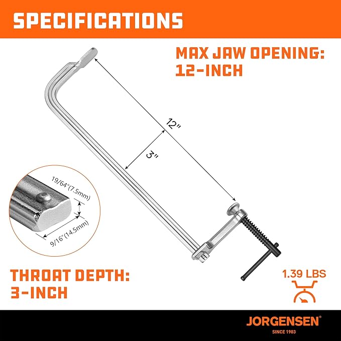 Jorgensen Bar Clamps, 12-Inch Light-duty Drop Forged Steel Bar Clamps for Woodworking and Welding, 2 Pack