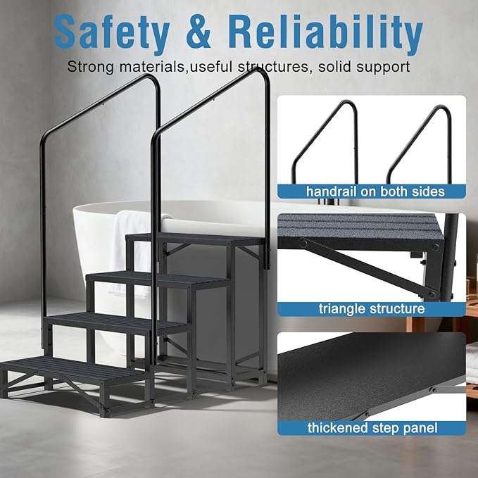 RV Steps with Handrail, 4 Steps RV Stair, Mobile Home Stairs for Camper, Trailer, hot tub, Steps with Non-Slip mat, 660lbs Capacity