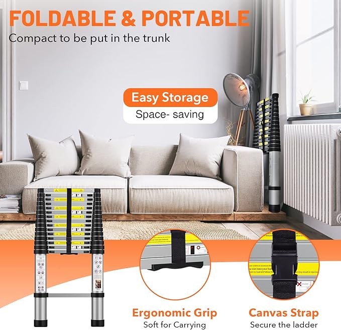 15.5FT Telescoping Ladder, Multi-Purpose Aluminum Extension Ladder with Triangle Stabilizers and Non-Slip Feet, Retractable Extendable Ladder for Home, RV and Outdoor Work Silvery