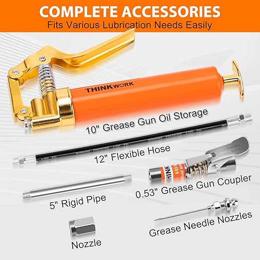 THINKWORK Mini Grease Gun Kit for 3 Oz Tubes, 3000 PSI Pistol Grip Lube Grease Guns Tool with 0.53" Coupler and Needle Nozzles - for Minor Maintenance Tasks, Automotive, Agricultural
