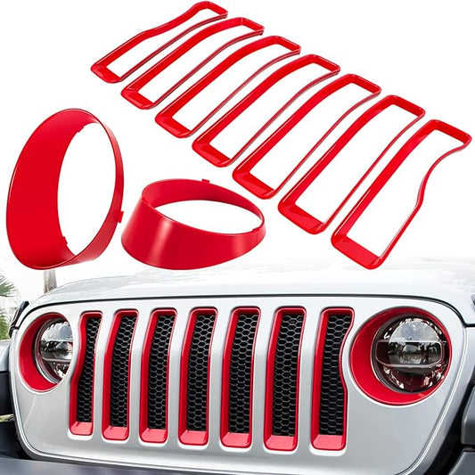 Front Grille Mesh Inserts & Headlight Cover for Jeep Wrangler JL JLU Sport & Sport S Only 2018-2023 Exterior Accessories Clip-in Grille Guard Cover Headlight Bezels Trim Ring (Red 9PCS)