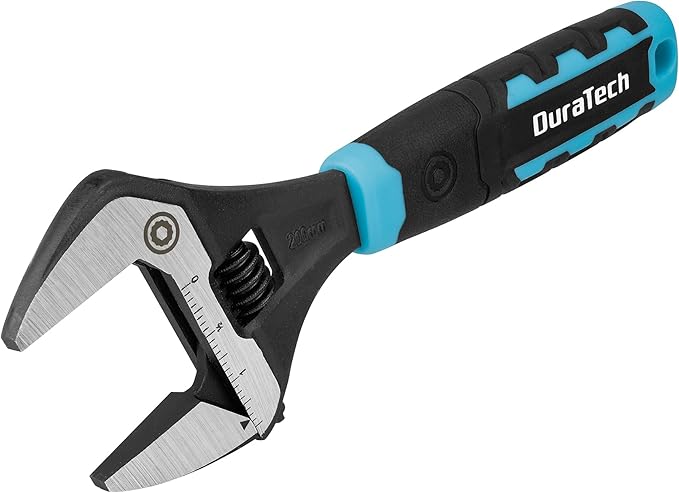 DURATECH 8-Inch Adjustable Wrench, Wide Jaw Opening Plumbing Wrench, CR-V Steel, SAE and Metric Scale Marked, Ergonomic Grip