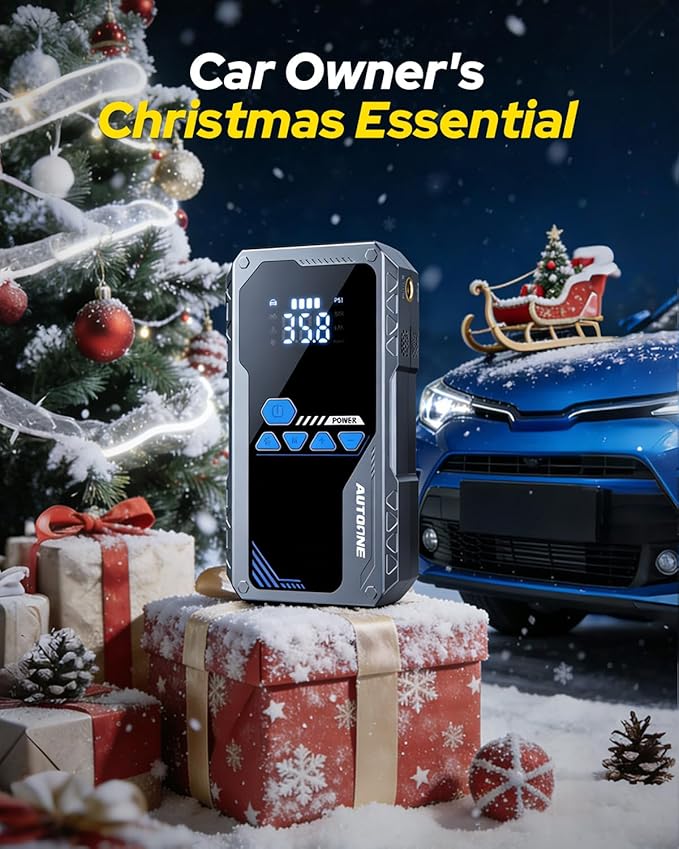 AUTOONE 6000A Jump Starter with Air Compressor (All Gas/10L Diesel), 150PSI Car Jumper Starter Portable, Jump Box Tire Inflator with LED Flashlight, LCD Display, Storage Case