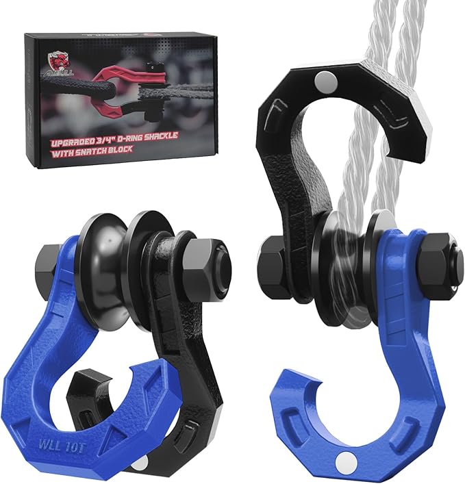D Ring Separate Shackle with Snatch Block 2 Set, 3/4" Shackles w/Snatch Block Pulley, Heavy Duty Shackle for Towing Winch, Pulley for Off-Road Vehicle Recovery, Truck, ATV, UTV, BlackBlue