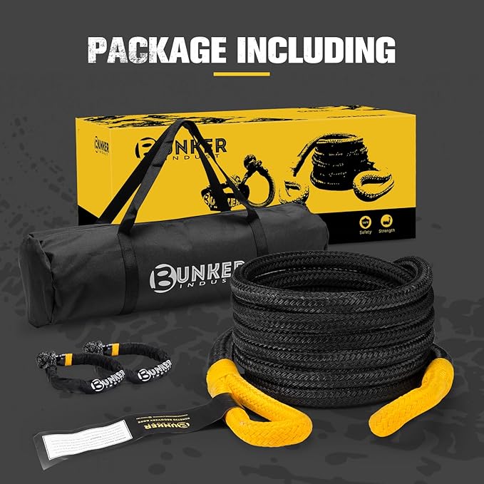 BUNKER INDUST 1.25"×20ft Kinetic Recovery Rope with 2 Soft Shackle Kit, 55000lbs Nylon Tow Rope Heavy Duty Snatch Strap Offroad Recovery Kit for 4x4 Jeep Truck ATV UTV SUV