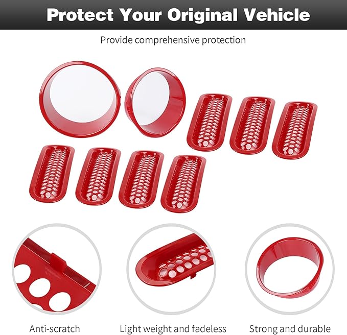 CheroCar for JK Mesh Grille Grill Insert & Headlight Cover Trim Exterior Accessories for Jeep Wrangler JK 2007-2017,Red…