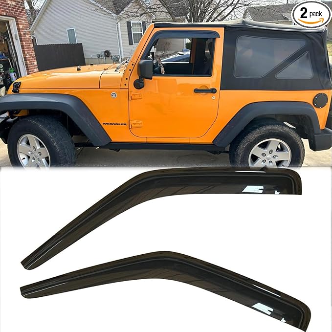 2pcs Outside Mount Style Sun Rain Guard Durable Side Window Wind Deflectors Dark Smoke Vent Window Visors Compatible with 2007-2018 Jeep Wrangler (JK)(2-Door Only) 92328
