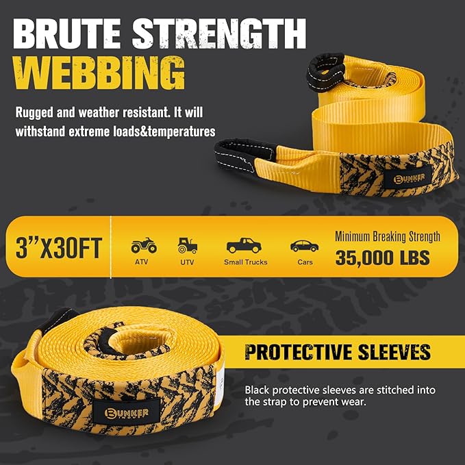 BUNKER INDUST Heavy Duty Tow Strap with Bag Recovery Kit, 3" x 30ft Tree Saver Winch Strap 35,000 lbs Recovery Straps - Emergency Vehicle Off Road Towing Rope