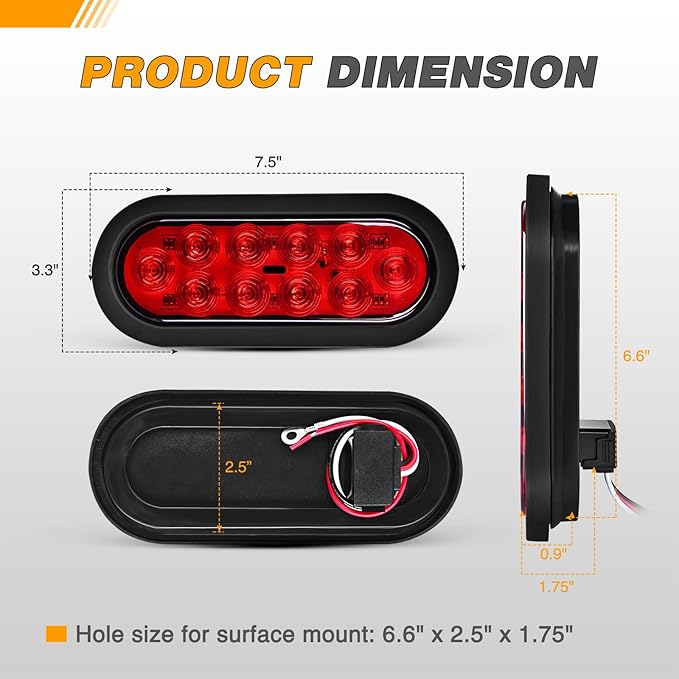 GOOACC 6Inch Oval Trailer Tail Light 4PCS 10LED Red Stop Brake Turn Signals Lights w/Surface Mount Grommets Plugs IP67 Waterproof for Truck RV Tractor