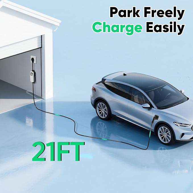40 Amp Level 2 EV Charger for Home, 240V Electric Vehicle Charging Station with NEMA 14-50 Plug, LCD Display, 21ft Cable, Outdoor Rated, SAE J1772 Compatible