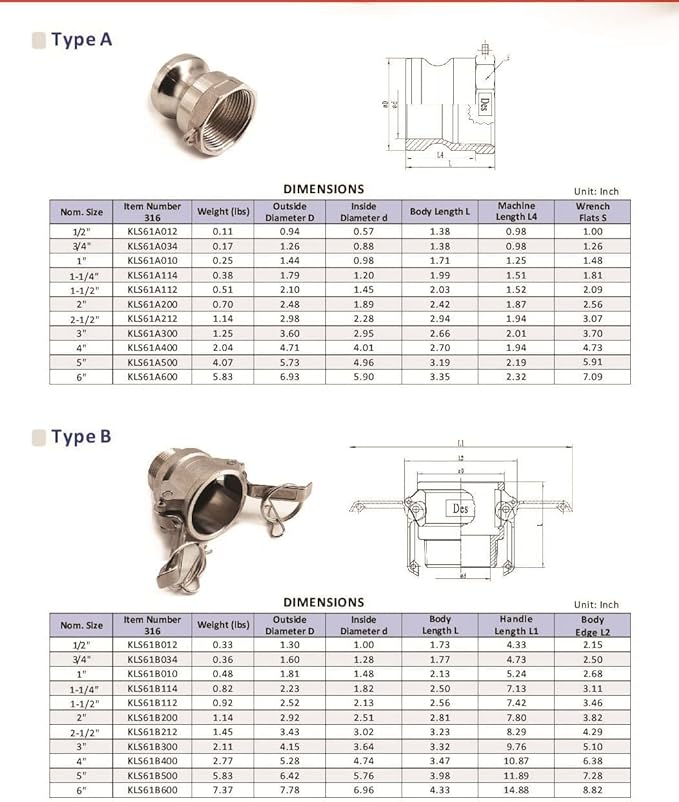 1'' Female NPT x 1" Male Camlock Adapter - Stainless Steel 316 Type A - Heavy Duty, Corrosion Resistant, Industrial Use, Quick Connect Fitting
