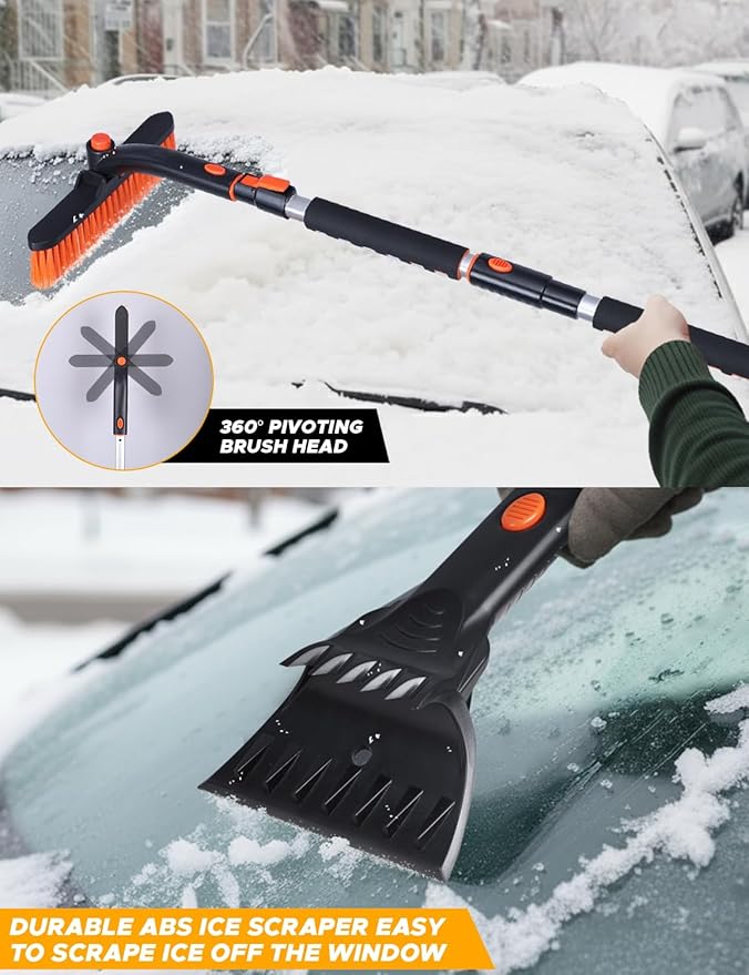 EcoNour 53″ 3 in 1 Extendable Snow Brush with Ice Scraper for Car Windshield | 360° Pivoting Long Snow Brush for SUV, Truck, and Car | Winter Car Accessories