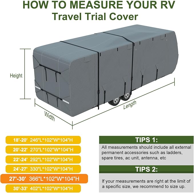 Mofeez Travel Trailer RV Cover, Extra-Thick Upgraded 7 Layers for Camper Cover 27'-30' Windproof Waterproof Rip-Stop RV Covers with Adhesive Repair Patches, 2Pcs Extra Straps & 4 Tire Covers
