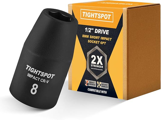 TIGHTSPOT 1/2 Inch Drive 8mm Shallow Impact Socket with Anti-Rounding 6 Point Design, Heat-Treated CRV Steel