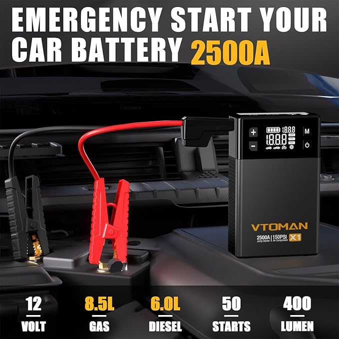 VTOMAN X1 Jump Starter with Air Compressor, Car Battery Jumper Starter (2500A, Up to 8.5L Gas/6L Diesel Engine) with 150PSI Auto Tire Inflator, 12V Portable Booster Pack, Lithium Jump Box Charger-Gray