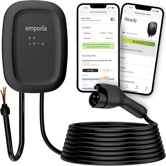EMPORIA Level 2 EV Charger w/ J1772 Charger, 48 amp, Preconfigured for Hardwired Install with Whip, UL/Energy Star WiFi Enabled EVSE Level 2, 25ft Cable (Black)