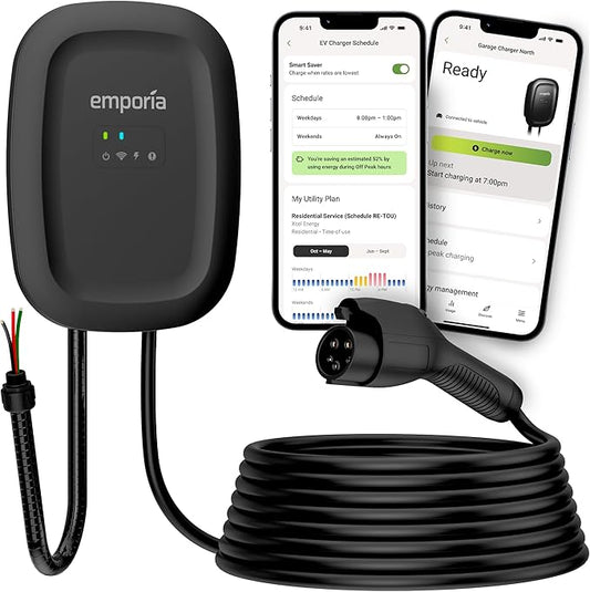 EMPORIA Level 2 EV Charger w/ J1772 Charger, 48 amp, Preconfigured for Hardwired Install with Whip, UL/Energy Star WiFi Enabled EVSE Level 2, 25ft Cable (Black)