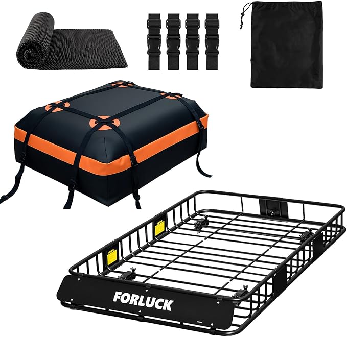 Forluck 64 x 39 x 6 Inch Universal 250 LBS Heavy Duty Roof Rack Cargo Carrier with Waterproof Bag, Extension Rooftop Cargo Carrier, Car Top Luggage Holder for SUV, Truck or RV Steel Construction