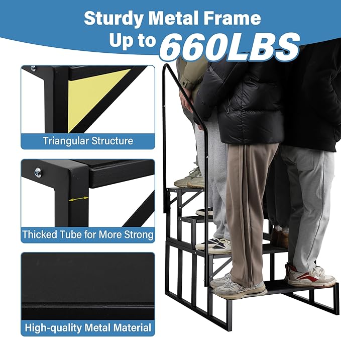 RV Steps with Dual Handrails, 4 Step Spa Hot Tub Steps with Anti-Slip Pedals, 400lbs Load Capacity, Universal Portable Mobile Home Stairs Steps for 5th Wheel RV, Spa, Porch, Pool, Travel Trailers