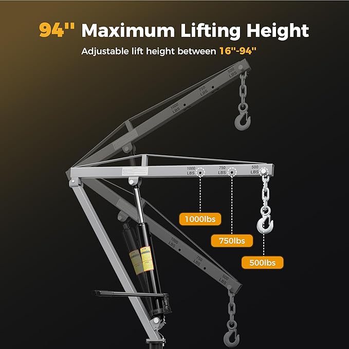 1000lbs Receiver Hitch Mounted Hydraulic 360° Swivel Truck Crane with 3 Boom Capacity Options: 500lbs, 750lbs, 1000lbs. Ideal for Workshops, Construction, Agriculture, and Logging,Gray