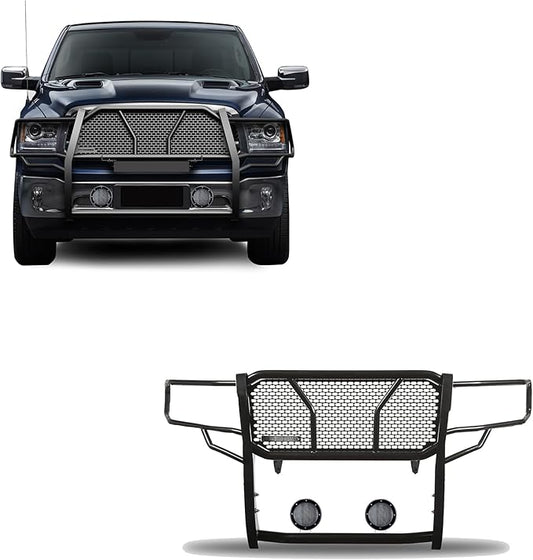 Black Horse Rugged Heavy Duty Grille Brush Bumper Guard Modular Black Come with Pair of 5.3" LED Lights Compatible with 2019-2024 Ram 1500 Classic|2009-2018 Dodge Ram 1500-RU-DORA09-B-PLFB
