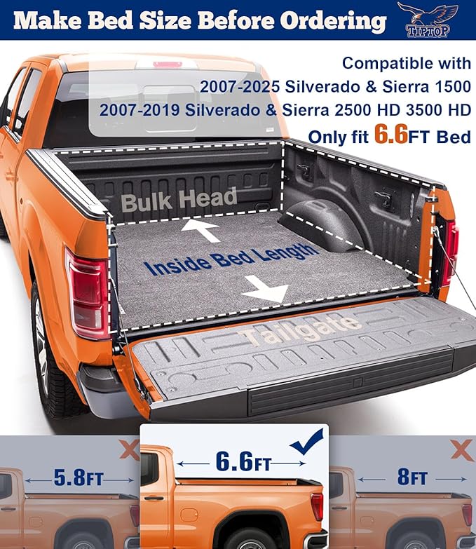 TIPTOP Soft Quad-Fold Tonneau Cover Truck Bed for 2007-2025 Silverado/Sierra 1500 & 2007-2019 2500 3500 HD 6.6ft Bed (78.9") | TPX4 |