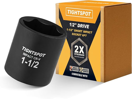 TIGHTSPOT 1/2 Inch Drive 1-1/2 Inch Shallow Impact Socket with Anti-Rounding 6 Point Design, Heat-Treated CRV Steel
