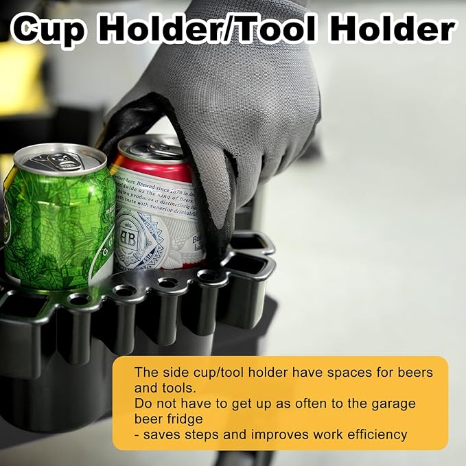 Rolling Shop Stool with Wheels, Adjustable Garage Mechanic Stool Seat Shop Roller Work Chair Mobile Rolling Seat with Tool Tray, 2 Cup Holders, 4" Casters, 350 LBS, Heavy-Duty,Yellow