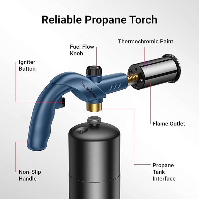 ThermoMaven Powerful Propane Torch, Kitchen Culinary Cooking Torch Lighter, Adjustable Blow Torch for Sous Vide Searing Steak, BBQ, Campfire Charcoal Starter, Gas Welding Kit, Blue (Tank Not Included)